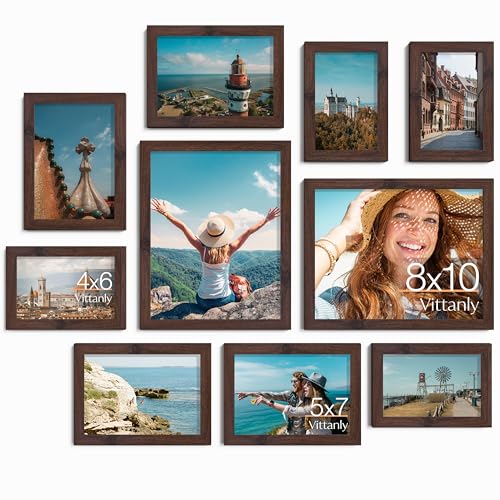 Image of Vittanly 10 Pack Picture Frames Collage Wall Decor, Gallery Frame Set for Wall Mounting or Tabletop Display, Multi Sizes Including 2pcs 8x10, 4pcs 5x7, 4pcs 4x6, Light Brown