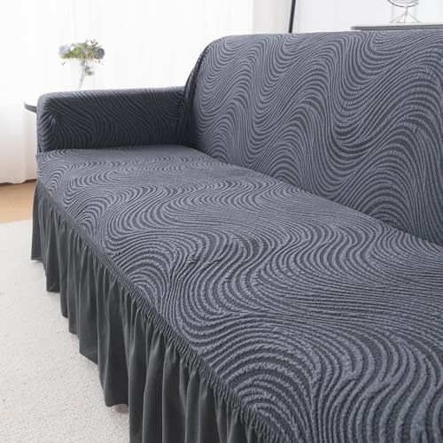 Image of HOKIPO 240 GSM Premium Jacquard Sofa Cover 3 Seater Fully Covered, 'Serene Wave Series' Pewter Grey (AR-6354-GRY)