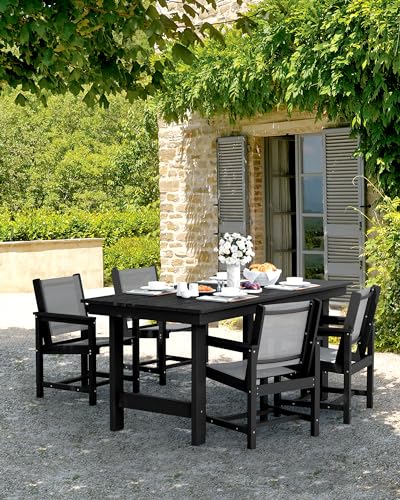 Image of SERWALL 7 Pcs HDPE Patio Dining Set with 1 Table & 6 Woven Chairs, Gray | HDPE Outdoor Dining Set with Rectangular Table & 6 Woven Chairs, All-Weather Patio Dining Furniture