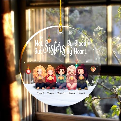 Sisters by Blood Hearts Clear Plastic Ornaments, Christmas Decorations Personalized Name Five Girls Wear Sweater Hat with Chocolate Cup Acrylic Ornaments, Gifts for Sister Friends Siblings Bestie4