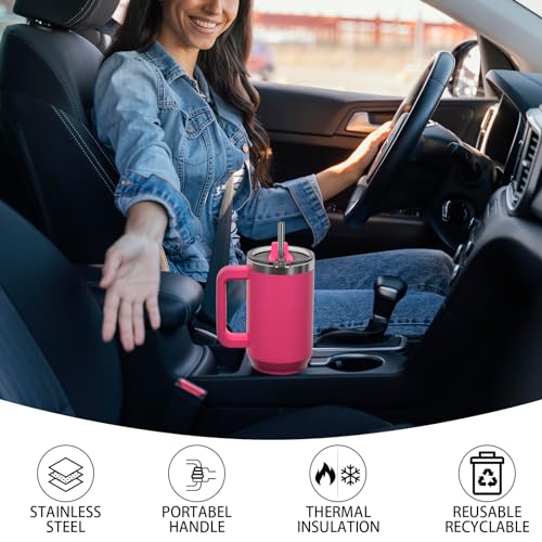 Image of 40 oz Tumbler with Handle,Tumbler with Lid and Straw,Double Wall Insulated Cup Stainless Steel Travel Mug(Cold for 34 Hours),Water Bottle for Iced Tea,Coffee,Cold Beverages(Gloss Pink)