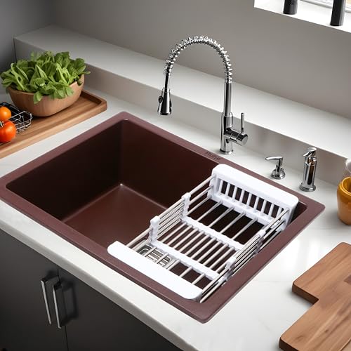 Image of Ruhe Quartz Single Bowl 21X18X9 Inches Matt Kitchen Sink | Choco Brown Non-Fading Colour With Uv Protection | Natural Stone Quartz /Granite Sink With Sink Coupling, Waste Pipe & Strainer Basket