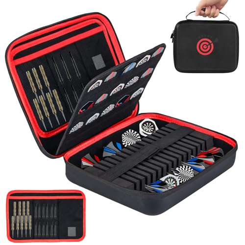 Lebared XXL Large EVA Hard Shell Dart Case for 15Darts 30 Flights Shafts & Accessories with Carry Handle Darts Case with Soft Pad & Mesh Bag for Steel or Soft Tips Dart Bag Bar Game Travel -Red