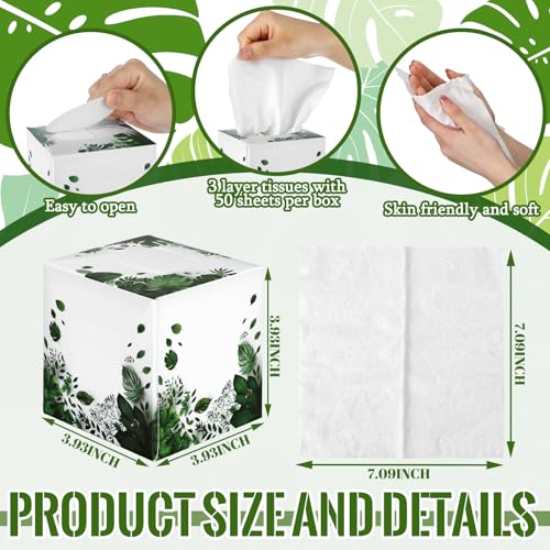 Image of Fourluoo 12 Pack Tropical Leaves Facial Tissue Cube Boxes, 600 Sheets 3 Ply | Summer Green Leaves Square Face Tissues for Car Bedroom Bath, Bulk Disposable, Tropical Leaf Print, Soft 3-ply