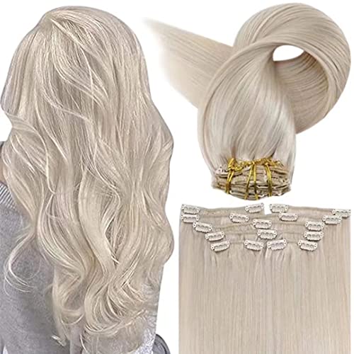 Fshine Blonde Clip in Hair Extensions Real Hair Extensions Clip in Human Hair 20 Inch 120 Gram Human Hair Clip in Extensions Platinum Blonde Clip in Hair Extensions Double Weft Remy Hair Piece 7Pcs