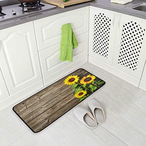 Susiyo Kitchen Rug Mat, Yellow Sunflowers On Wooden Board Kitchen Mat Anti-Fatigue Comfort Floor Mat Non Slip Oil Stain Resistant Easy To Clean Kitchen Rug Bath Rug Carpet For Indoor Outdoor Doormat #TOP3