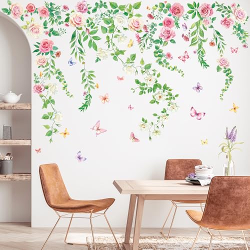 Pink Rose Peel and Stick Wall Decal, Vinyl Flower Decor for Living Room Bedroom