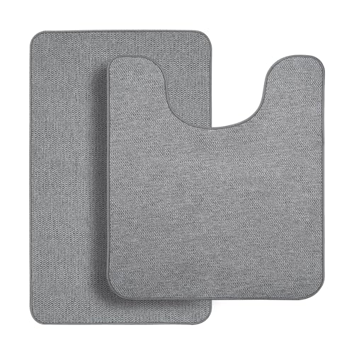 Bathroom Rugs Set 2 Pieces,Thin Bathroom Mats,Toilet Rugs,Quick Dry,Non-Slip,Machine Washable,Low Pile,Absorbent Bath Mats,Shower,Sink,Home Decor Accessories.Grey,1'5"x2'3"+1'8"x2" U Shape