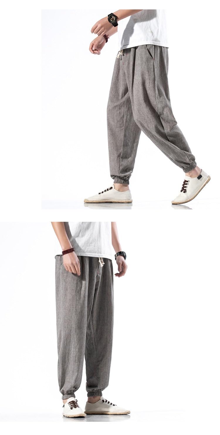 Stile Cinese Pantaloni in Lino Uomo, con Polsini Casual Estate Pantaloni da Spiaggia