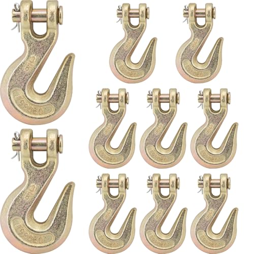 3/8'' Heavy Duty Chain Hook, (10 Pack) Clevis Grab Hook with Yellow Chromate Finish, Forged Grade G70 Steel Clevis Hook for Trailer Truck Transport - 6,600 LBS Capacity