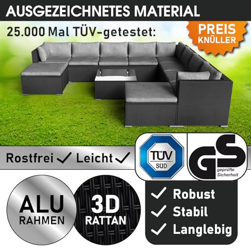 BRAST® Gartenmöbel Lounge Set XXL | 8-12 Personen viele Modelle & Farben | inkl. extra Dicke Kissen | TÜV geprüft | Outdoor Loungemöbel Sitzgruppe Essgruppe Garnitur | Freedom Schwarz