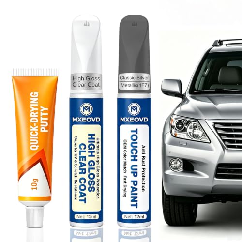 Classic Silver Metallic(1F7) Touch Up Paint Compatible with Toyota, All in One Car Scratch Repair Kit with Primer Putty & Clear Coat, Complete Sanding Tools Set for Scratches Chips Nicks