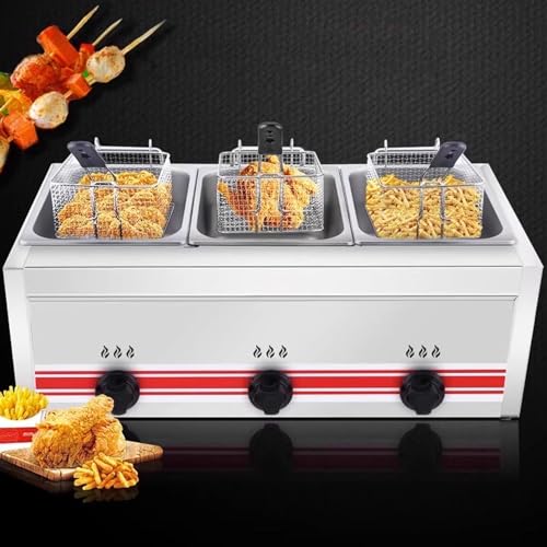 10L/20L/30L Fritteuse Gas-Chip-Friteuse Edelstahl in Lebensmittelqualität gewerbliche Fritteuse aus Edelstahl, mit Doppelkorb und Deckel,einstellbare Temperaturregelung,30L