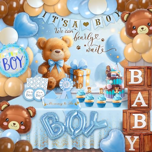 Image of Party Spot!Bear Baby Shower Decorations Boy,80 pcs Balloons,4 Wood Grain Blocks with Letter, inchWe can bearly wait inch Backdrop,Banner,Tablecloth,Balloon Pump, Blue Brown Bear Theme