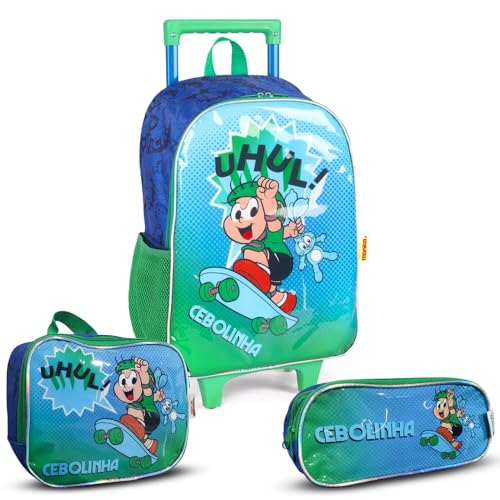 Kit Mochila de Rodinhas Lancheira Térmica Estojo Mônica (Verde)