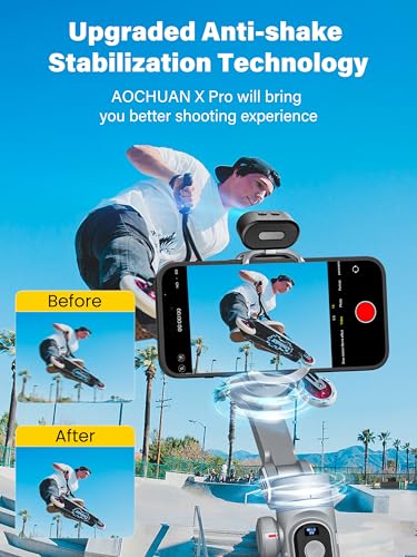 AOCHUAN スマートフォンAIトラッキング用ジンバルスタビライザー（アプリ不要）、OLEDディスプレイ/内蔵ライト付き3軸ジンバル、iPhone&Android用スタビライザー、X Pro グレー AIバージョン