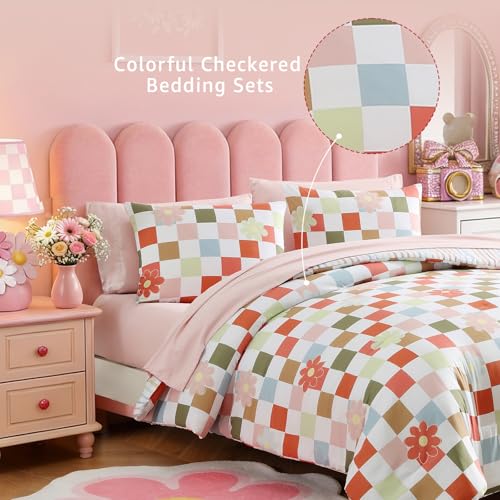 Image of Full Size Comforter Set for Girls Colorful Checkered Bed in a Bag 7 Pieces