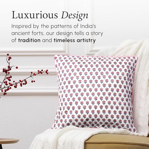 CPC 100% Cotton Throw Pillow Covers 24x24 Inch, Set of 2 Pink Block Print Pattern Couch Pillow, Cute Boho Decorative Pillows for Living Room, Bedroom with Hidden Zipper- Pink Sapphire