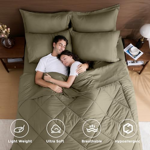 HEVUMYI Olive Green Full Comforter Set - 7-Piece All Season Bed in a Bag Full, Ultra Soft Bedding Set with Comforter, Flat Sheet, Fitted Sheet, Pillowcases, Pillow Shams, Olive Green
