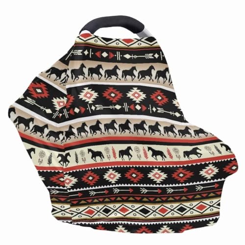 Image of Coldinair Tribal Horse Aztec Baby Car Seat Cover,Soft Breathable Nursing Cover,Multi-use Baby Stroller and Carseat Cover,Breastfeeding Covers