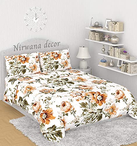 Image of Fitzy 280 TC Fitted Bedsheet King Size, Elastic Bedsheet, 72x78 + 10 Inches Drop,with 2 Pillow Covers (Gold Flowers)