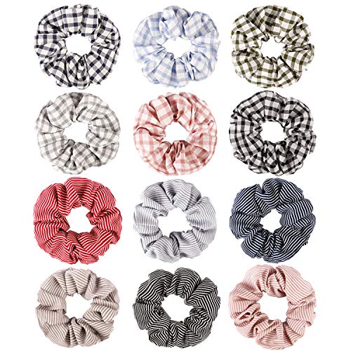 Scrunchies for Girls Women Cotton, SuPoo 12Pcs Plaid Hair Scrunchies Pack Striped Hair Ties Ropes Elastics Hair Scrunchy for Women's Hair, Soft Hair Bands Hair Accessories Gift for Holiday