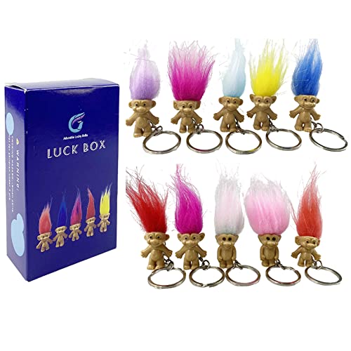 Yintlilocn 10Pack Cute Troll Dolls Key Ring Crazy Colour Hair Figurine Kids Toy Party Decoration Good Luck Dolls Keychain Key Holder