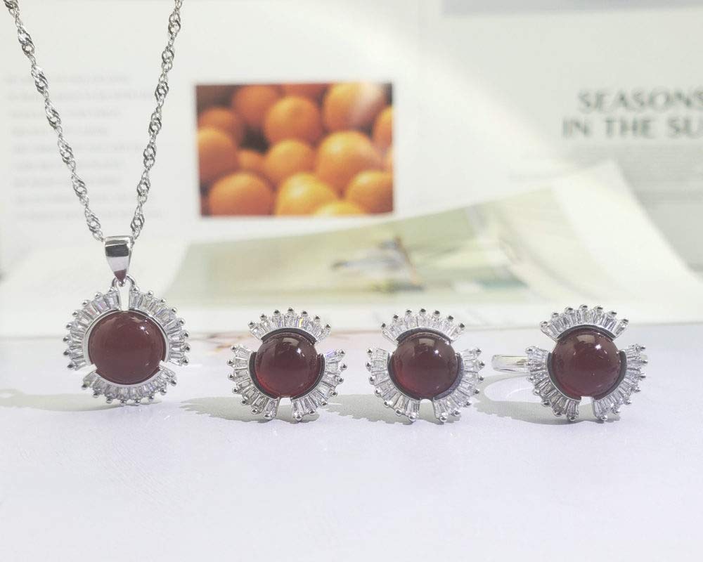 Moda S925 Sterling Silver Necklace Abertura Anillo Pendientes Joyería Conjunto De Mujeres Sol Redonda Flor Ágata Roja Retro Clásico Encanto Creativo Regalo De Alta Gama