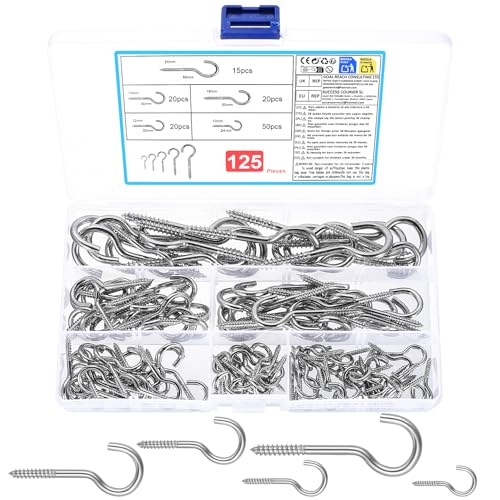 125 Stk Haken zum Schrauben, Schraubhaken Set, Einschraubhaken mit Gewinde, Hakenschrauben mit Gewinde, Metall Deckenhaken für Hängende Pflanzen Teetassen Lampen Cup Schlüssel Dekoration(5 Größen)