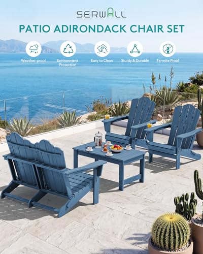 Image of SERWALL 4-Pc HDPE Adirondack Set, 2 Chairs, 1 Bench & 1 Coffee Table, Navy