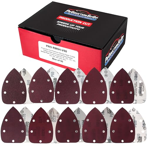 ProductionShop Premium 5-Hole Pattern Mouse Detail Sander Sandpaper Sheets 50 Disc Variety Pack Grits 40 80 100 120 180 220 320 400 600 800 - Hook & Loop Disc Pads - Woodworking Furniture