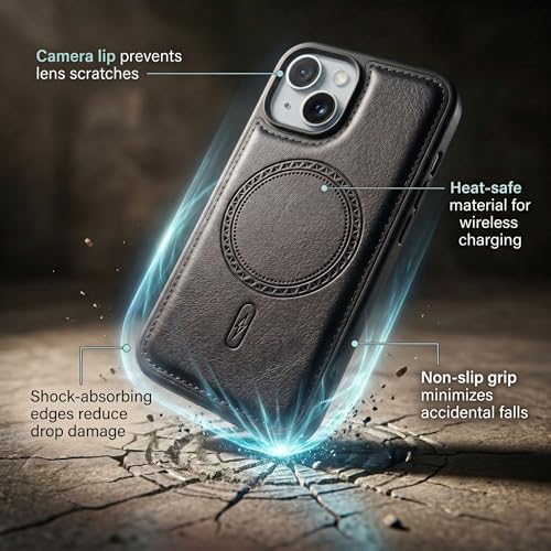 Image of amazon basics Premium PU Leather Case for iPhone 13, MagSafe Compatible Magnetic Ring, Sleek Protective Back Cover - [Black]