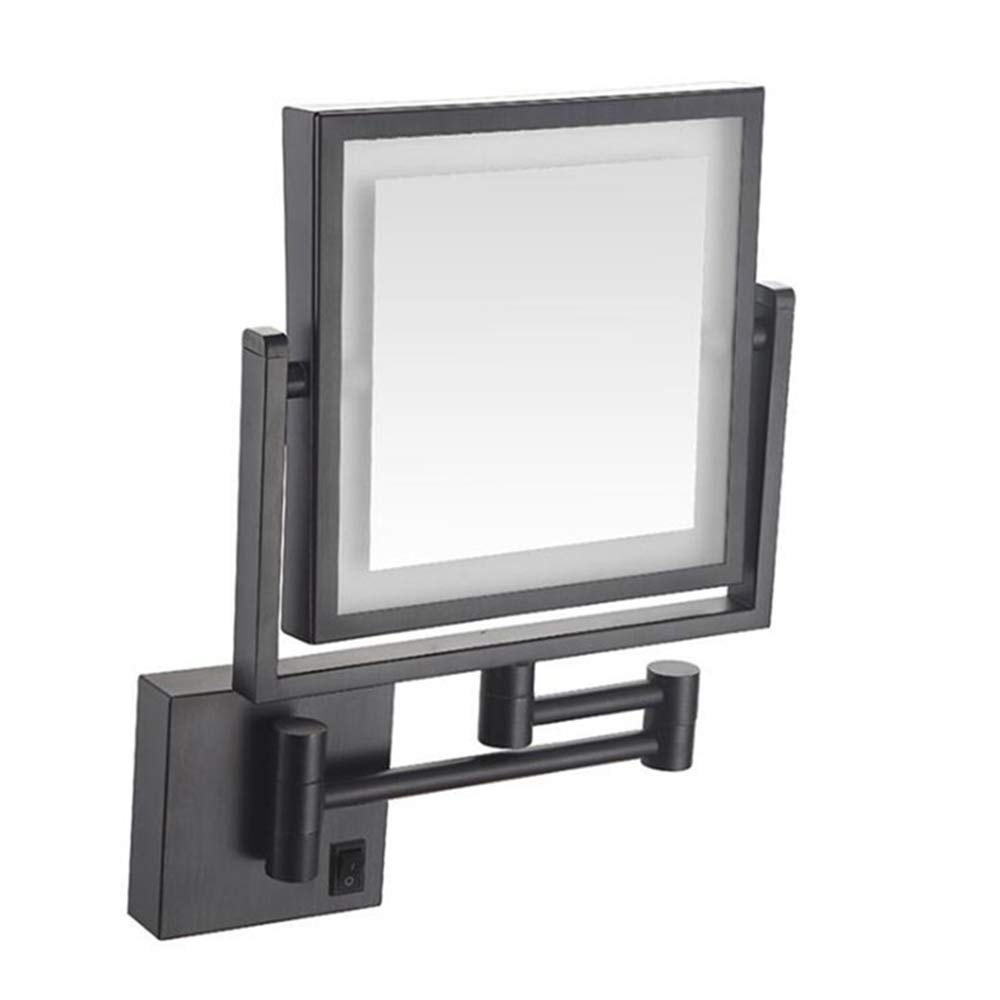 Espejo de maquillaje montado en la pared Espejo de tocador con luz LED y aumento de 3X Espejo de afeitar cuadrado de doble cara Rotación libre de 360° Extensible y acabado en negro for baño, spa y hot