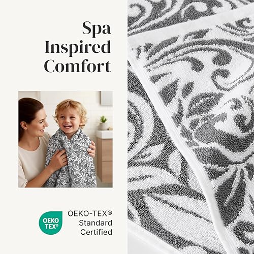 Image of Modern Threads 6 Piece Bath Towel Set - Bathroom Set with 2 Bath Towels, 2 Hand Towels, and 2 Wash Cloths - 100% Cotton, Super Absorbent & Extra Soft - Reversible Botanical Vine (Gray)