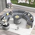 Amopatio Patio Furniture Set with Fire Pit Table, 12 Pieces Curved Patio Sectional Couch with Storage Armrest Table and 4 Pillows, Round Fire Pit Conversation Sets with Waterproof Covers (Grey)