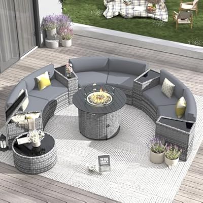 Amopatio Patio Furniture Set with Fire Pit Table, 12 Pieces Curved Patio Sectional Couch with Storage Armrest Table and 4 Pillows, Round Fire Pit Conversation Sets with Waterproof Covers (Grey)