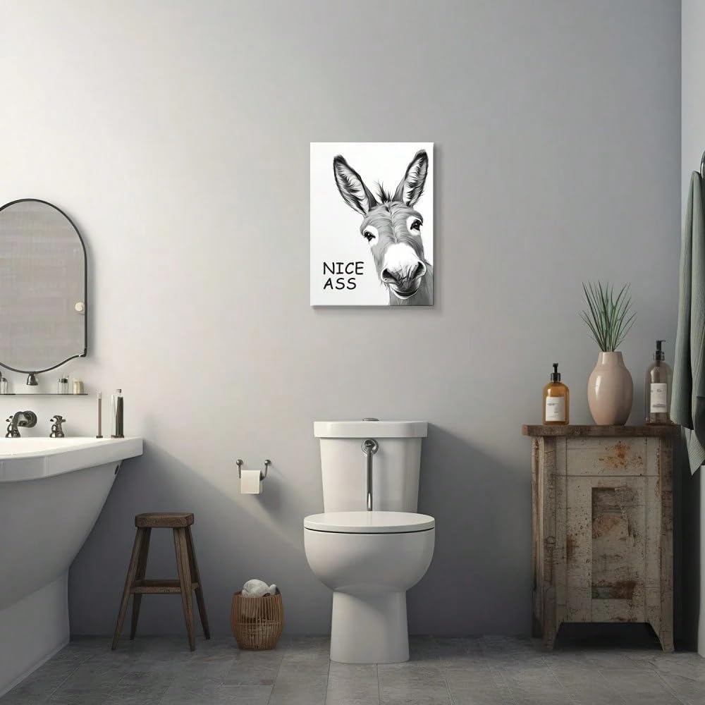 UUDEZO Cuadro decorativo de burro para baño - Divertidas imágenes en blanco y negro para la decoración del baño (80 x 125 cm (32 x 49 pulgadas) con marco)