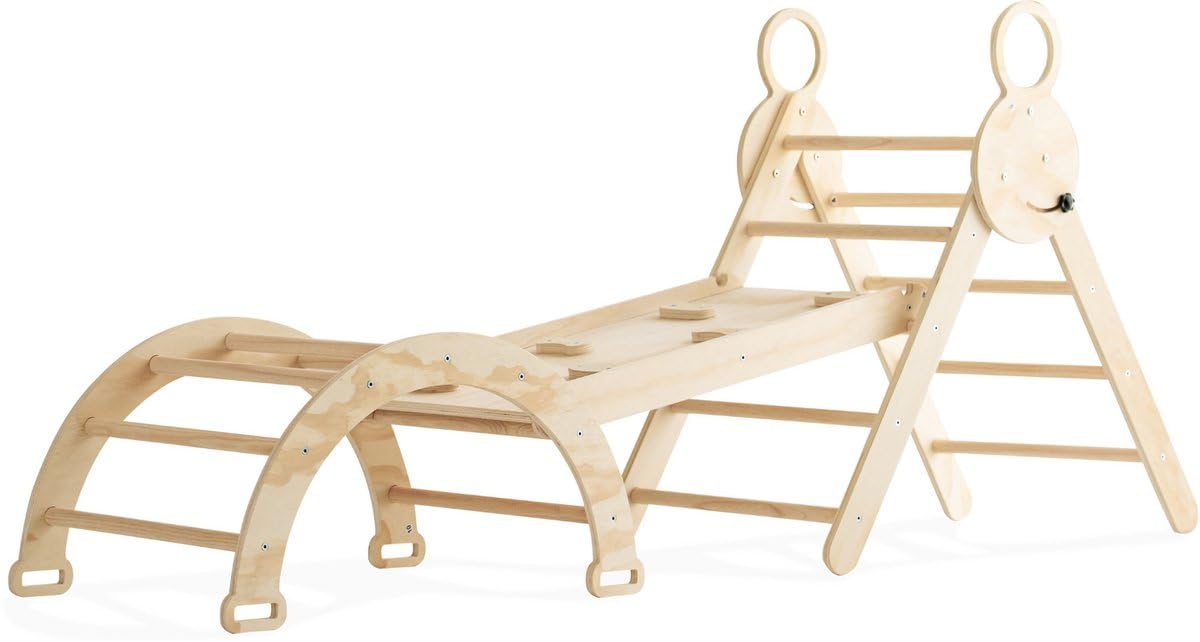 Buxibo Mini Escalador – Escalador de Madera con Arco para Trepar y Rampa para Trepar con Tobogán – Gimnasio Montessori para Interior – 176x47x82 cm – Natural