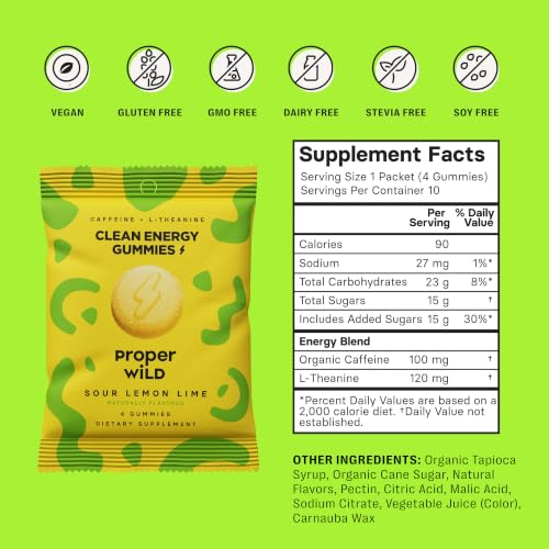 Image of Proper Wild Energy Chews & Gummies for Focus & Clean Energy, Vegan with L-Theanine & Organic Caffeine, Plant-Based, Gluten-Free, Non-GMO, Sour Lemon Lime (10-Pack) | Reduced Jitters, 100mg Natural Caffeine Gummies with L-Theanine, Plant-Based, No Artificial Sweeteners, Reduced Crash