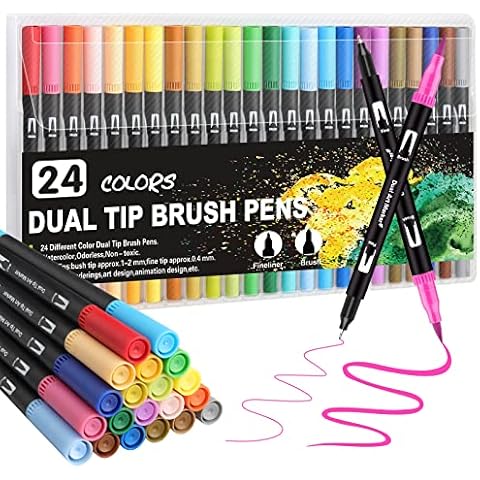 Gelanty Dual Tip Brush Pens, Colouring Pens for Adults, 24 Colors Felt Tip Pens, Fineliners Coloured Pens, Brush Pens Art Pens for Children and Adults, Felt Tips for Drawing, Sketching, Coloring Book Cover