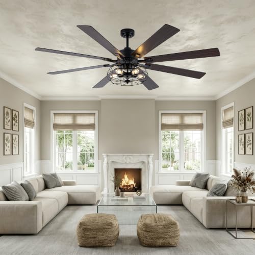 Image of 72 Inch Farmhouse Ceiling Fan with Lights Black Caged Rustic | Remote Control Fandelier Ceiling Fan, 5-Lights Large Chandelier for Living Room, 8 Dual Blades Reversible DC Motor 6 Speeds