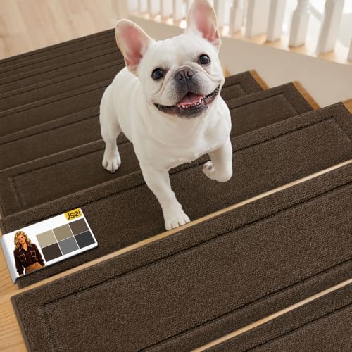 JSEI Stair Treads for Wooden Steps Indoor, 4-Pack Non Slip Stair Treads 30' x 8', Washable Polyester Stair Mats with TPE Backing, Low Profile Stair Rugs for Kids, Seniors and Dogs, Brown
