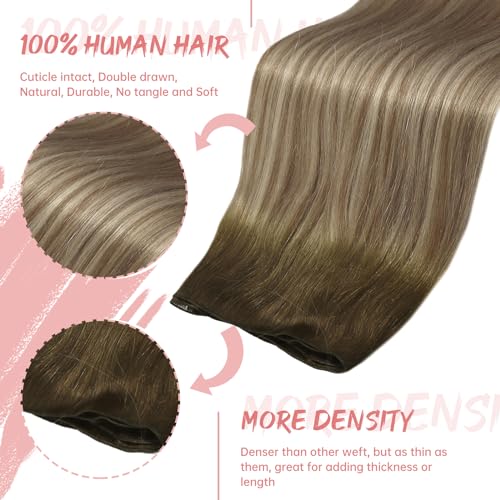 Fshine Hair Weft Extensions, Human Hair, 24 Inch, 60 g, Straight, Dark Brown Highlight Blonde, Add Length and Volume for Women - Image 2