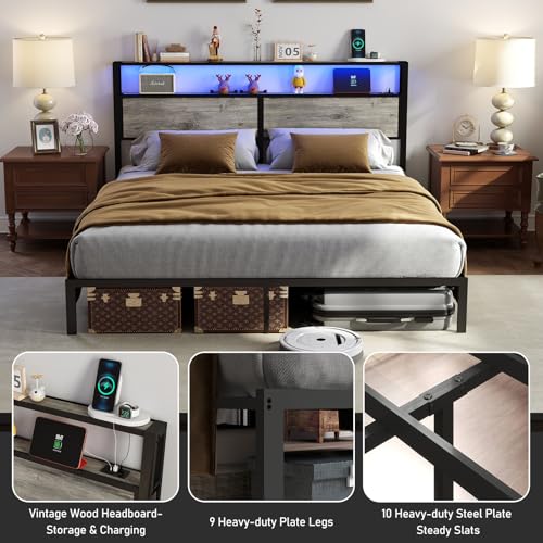 Image of King Size Bed Frame with Headboard, Metal Platform Bed Frame with LED Lights & Charging Station, Under Bed Storage, Solid and Stable, No Box Spring Needed, Noise Free, Easy Assembly, Rustic Grey