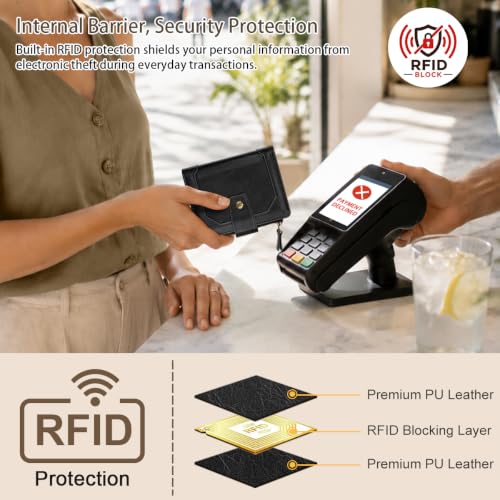 Image of Small Womens Wallet Billfold RFID Credit Card Holder Ladies Purse | Compact Wallets Women, 2 ID Windows,16 Card Slots, Zipper Coin Pocket, PU Leather, Woman Female Girls Gift, Black