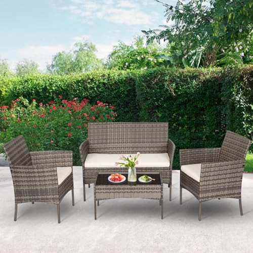 Image of FDW 4-Piece Patio Furniture Set | Gray & Khakhi | Outdoor Wicker Furniture