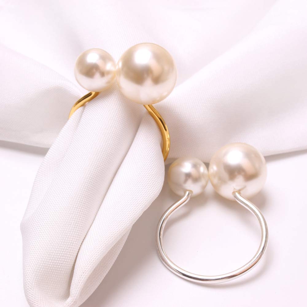 Cenpek Silver, Gold 6Pcs Pearls Napkin Rings Buckles, Silver Gold Serviette Buckle Holder For Xmas, Family Gathering, Dinner Party, Wedding Décor, Gold