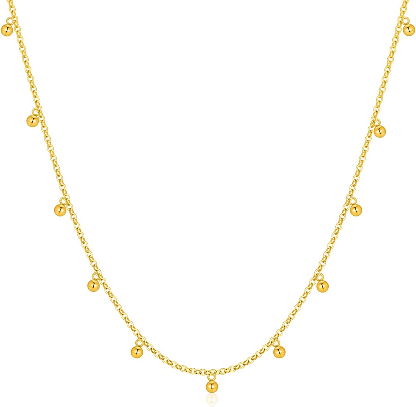 14k Gold Chain with 18k Gold Dangling Beads Necklace for Women, Tiny Ball Choker Necklace, Jewelry Gift for Her, 14-19 Inch