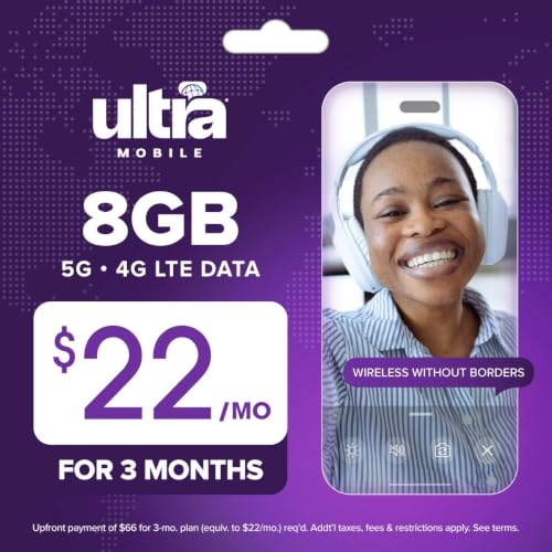 Image of Ultra Mobile 8GB Prepaid SIM Kit, 3-Month Plan on the T-Mobile 5G Network | Unlimited calling to 90+ international destinations, U.S. talk, global text, hotspot, Wi-Fi Calling, keep your phone & number