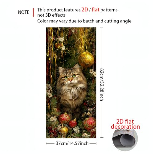 Image of 2 PC Trash Can Sticker 14.57 x 32.28 Inch Fluffy Kitten Christmas Vinyl Sticker with Santa Hat Red Heart Gold Ornament Pine Garland for Outdoor Garbage Bin Garden Yard Decor